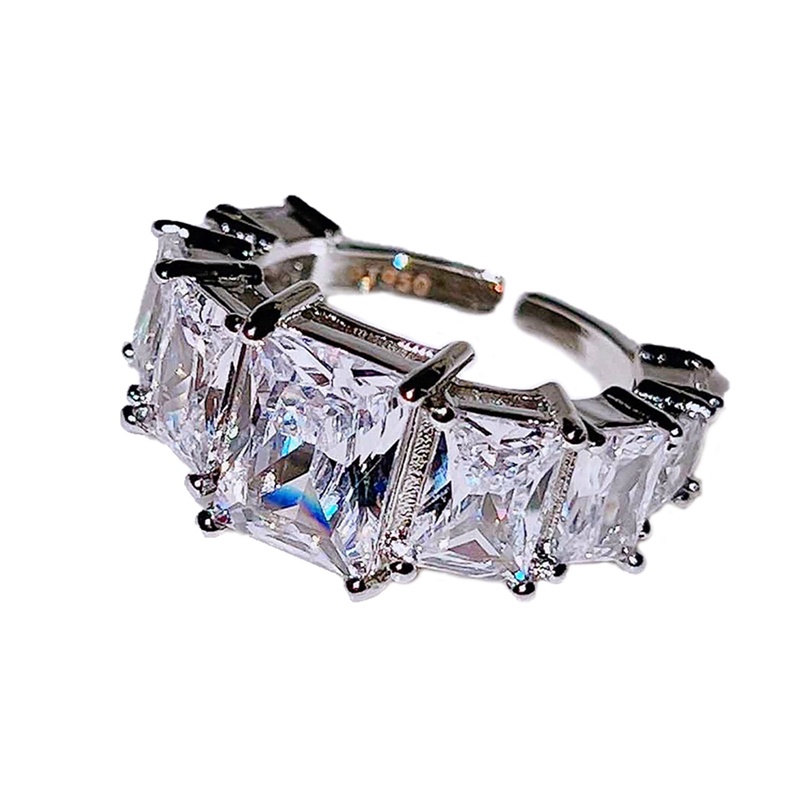 Fancyqube Cincin Berlian Imitasi Bentuk Kotak Warna Silver Model Terbuka Dapat Disesuaikan Untuk Wanita