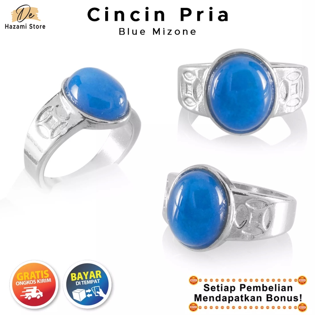 BISA COD Cincin Pria Batu Blue Mizone Akik Kecil Kantoran Elegan