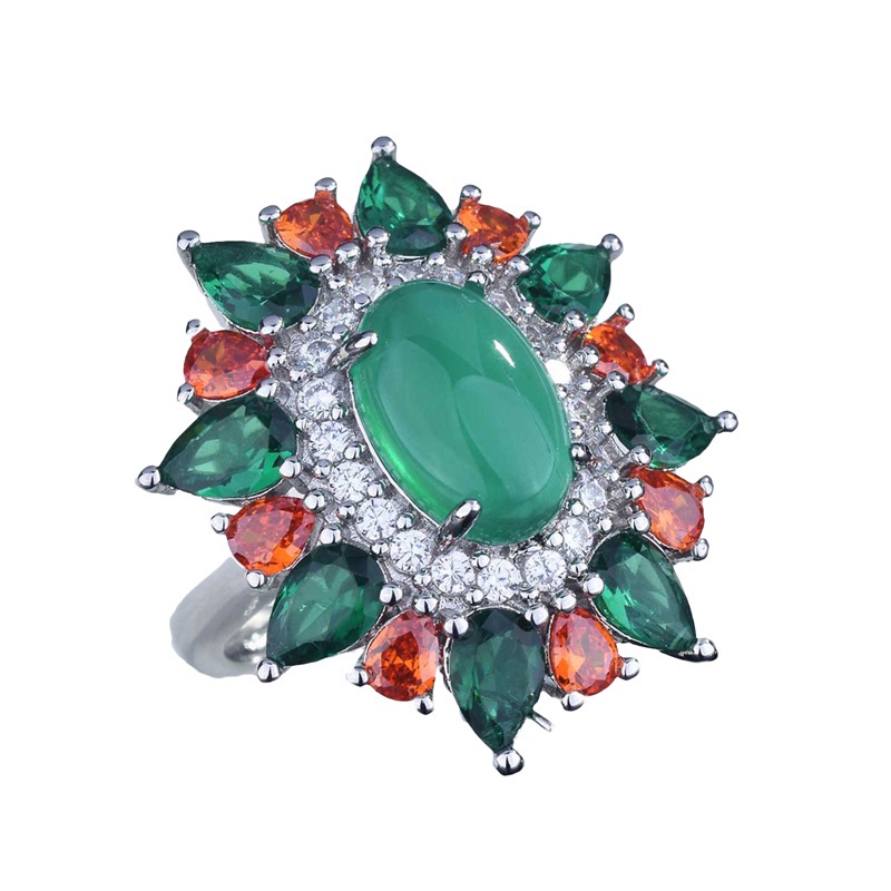 Fancyqube Cincin Batu Chalcedony Bentuk Oval Warna Hijau Gaya Vintage Untuk Wanita