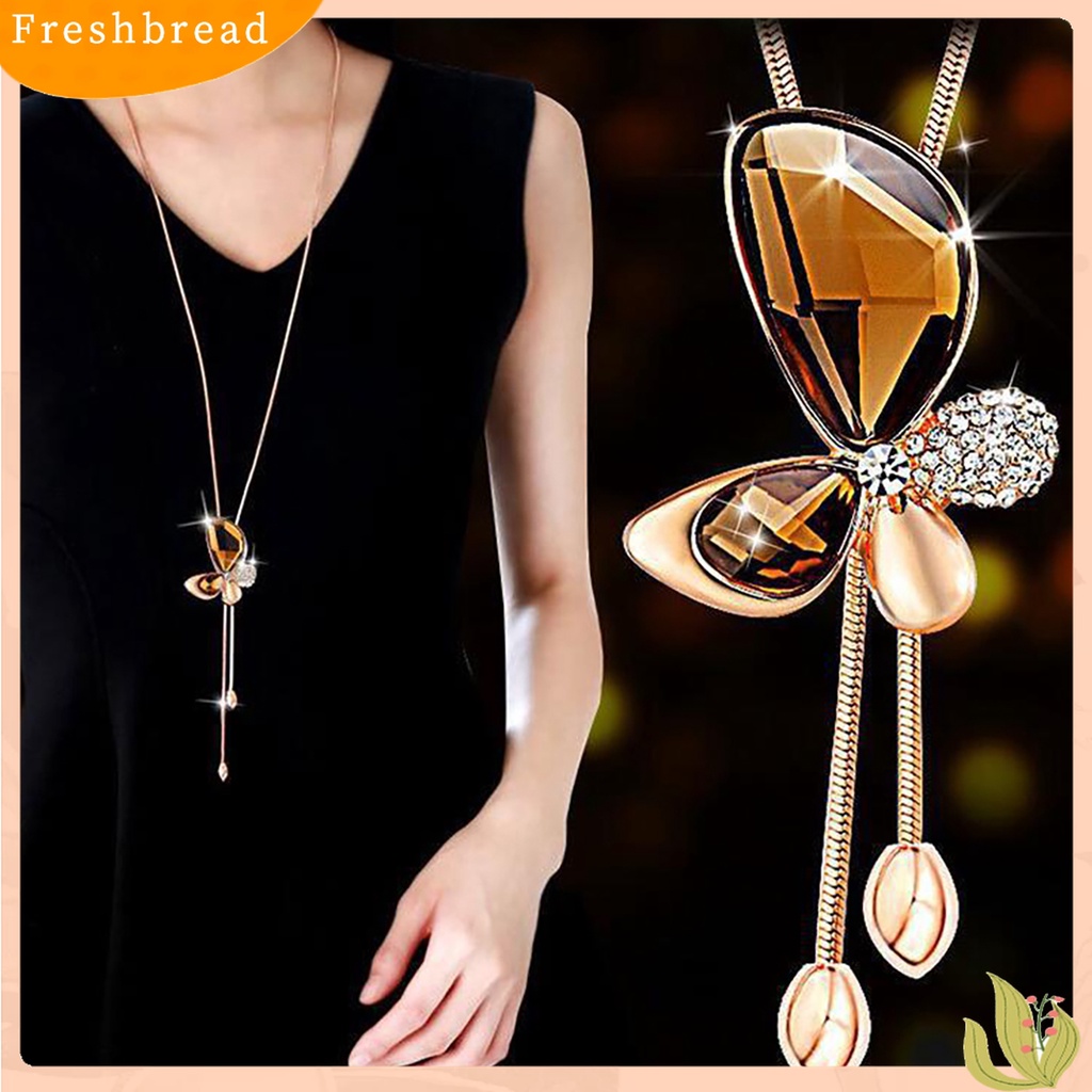 [TERLARIS]Women Rhinestone Inlaid Butterfly Tassel Pendant Long Chain Necklace Jewelry