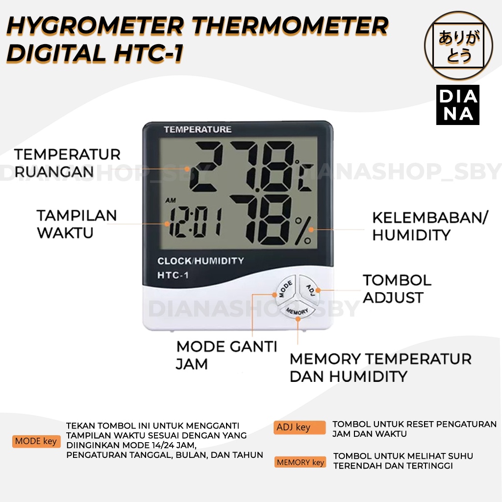 HTC-1 HYGROMETER TERMOMETER ALAT UKUR SUHU TEMPERATUR RUANGAN CLOCK