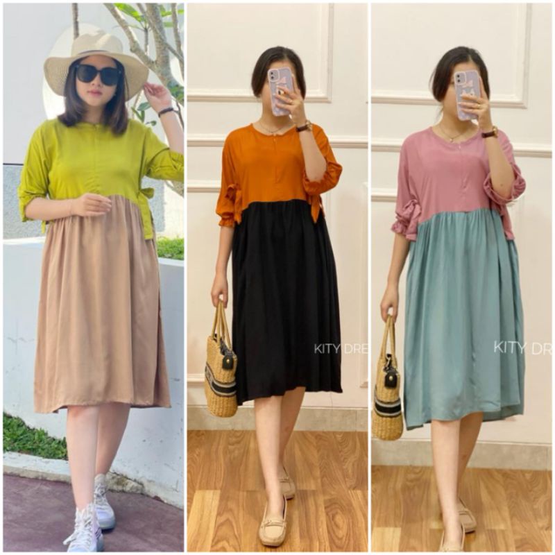 BISA COD KITY DRESS KITTY MIDI DRESS TWO TONE 2 WARNA KATUN RAYON POLOS KOMBINASI BUSUI TALI SAMPING