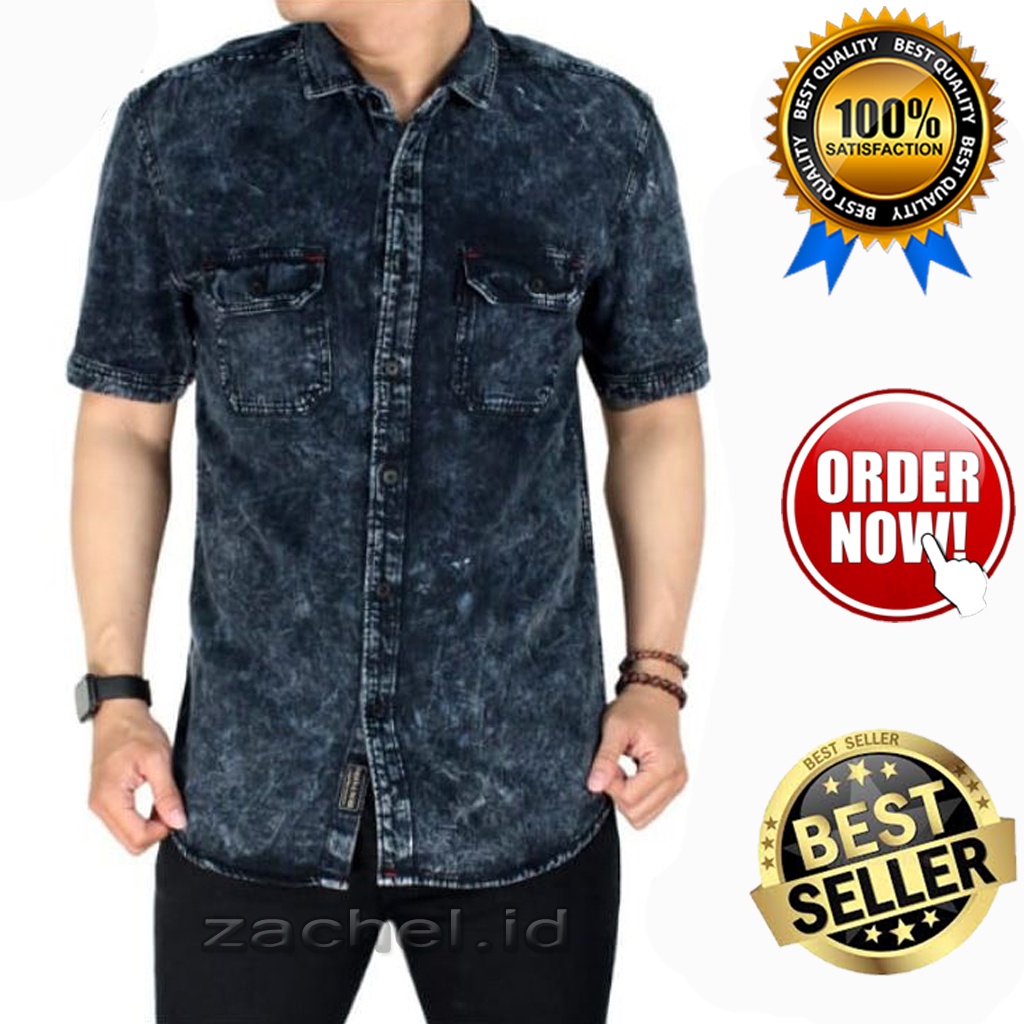 Kemeja Jeans Denim Kasual Lengan Pendek Pria Model Polos Dan Snow Wash