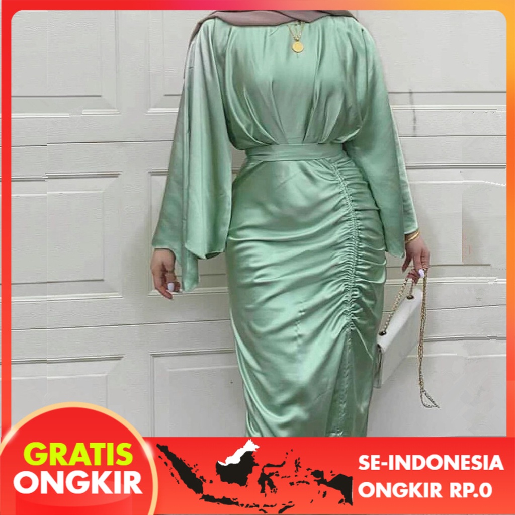 Pakaian Wanita 2022  Lembut Pinggang Serut Gaun    Dubai Satin Dress Lr495