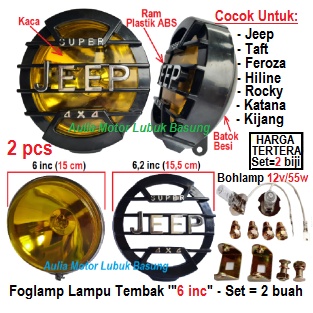 foglamp lampu tembak tanduk depan 6 inci jeep 4x4 off road feroza katana taft hiline rocky - kuning