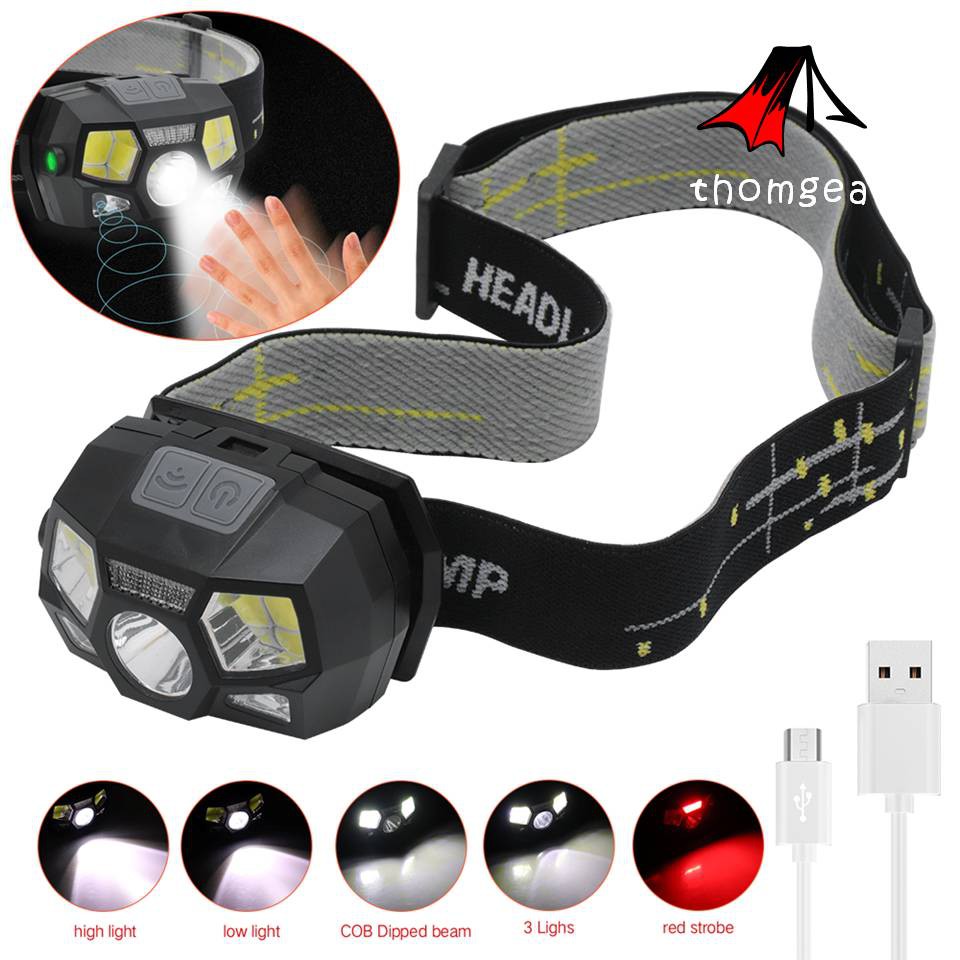 Thomgear Taffled Senter Kepala Led Rechargeable Headlamp 3 Mode Terang Cod Emergency Sensor Gerak Jm