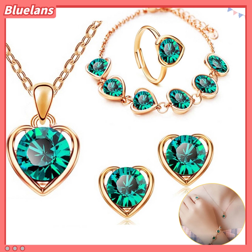 4pcs / Set Kalung Anting Gelang Cincin Liontin Hati Aksen Berlian Imitasi Adjustable Untuk Wanita