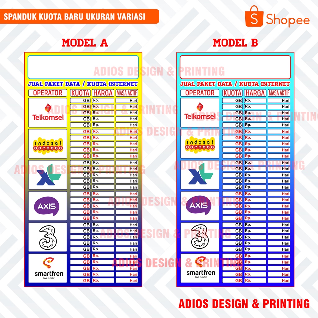 Jual Spanduk Pulsa Banner Tabel Harga Kuota Ukuran Variasi Indonesia Shopee Indonesia