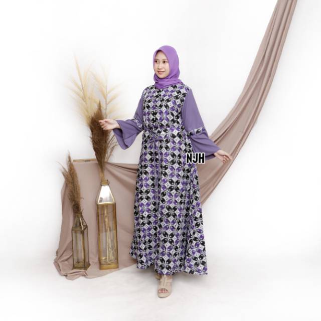 GAMIS BATIK KOMBINASI POLOS WOLLYCREPE PREMIUM | GAMIS KONDANGAN | GAMIS UNGU
