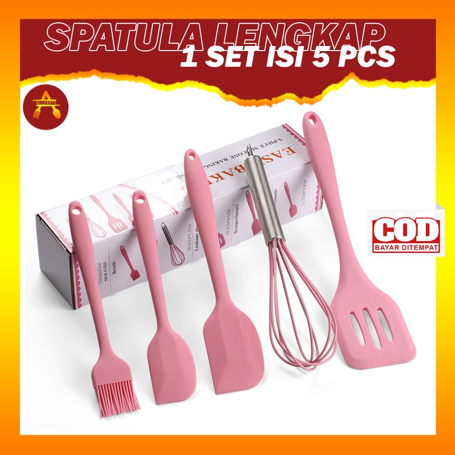 1 SET SPATULA 5 IN 1 PERLENGKAPAN MASAK SET SPATULA SILICON SET TAHAN PANAS SPATULA SILIKON PERALATAN MASAK LENGKAP