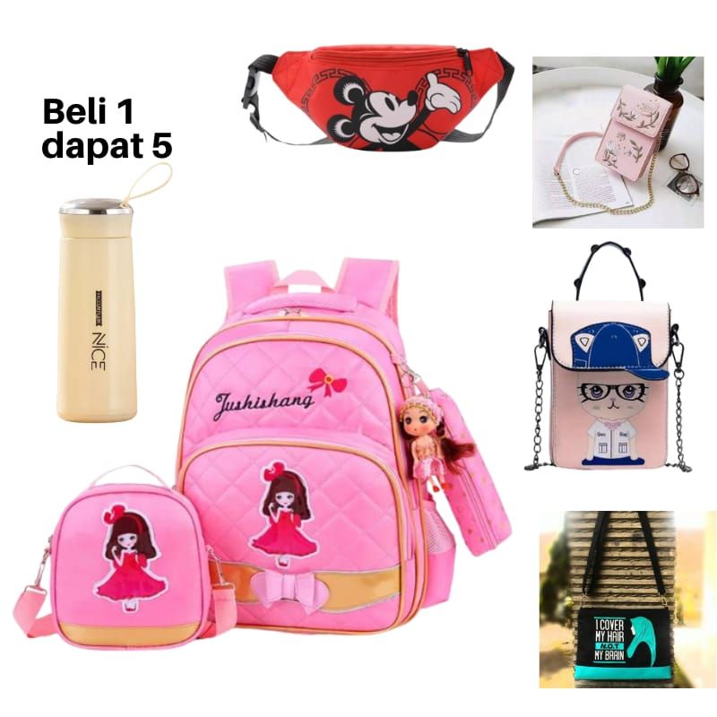 Tas Paket Variasi 6 model Free Botol Tas Anak piliha warna botol Ada 4 warna biru krem pink hijau bebas milih