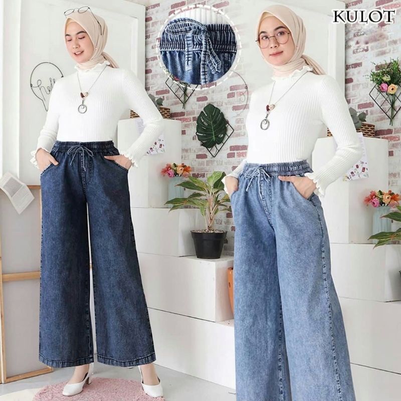 Celana kulot jeans wanita panjang high waist jumbo pinggang karet-4