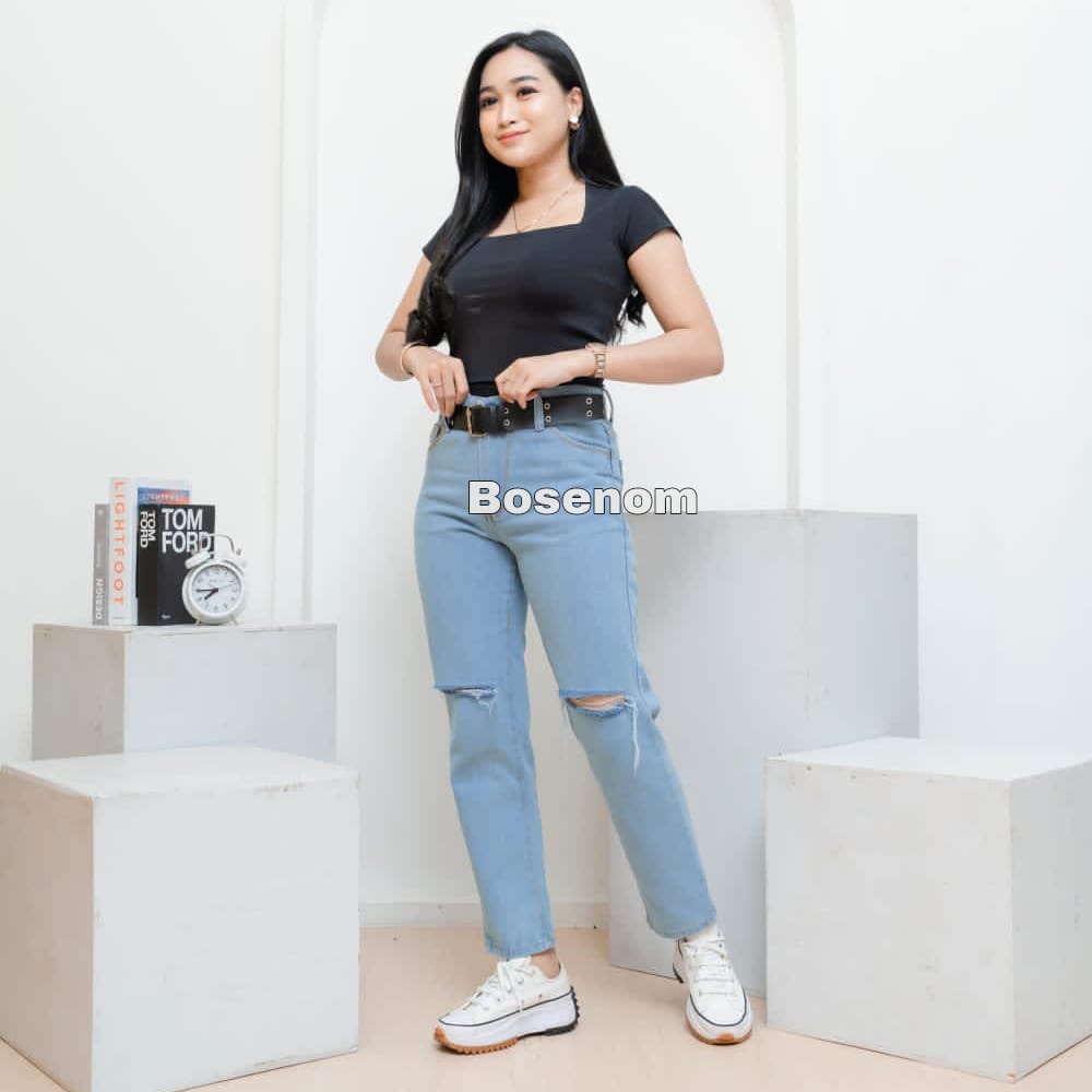 Celana jeans cewek cutknee jeans sobek lutut kekinian ala korea viral high waist jeans tebal murah jeans wanita  premium