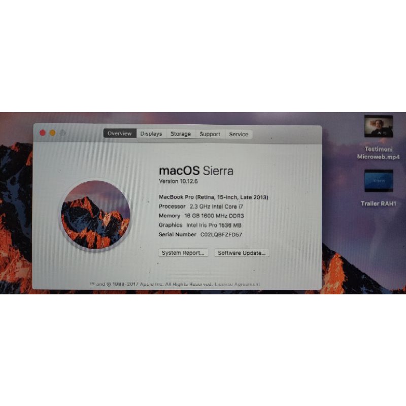 macbook pro Retina 15 inch late 2013 sierra 16GB 500Gb