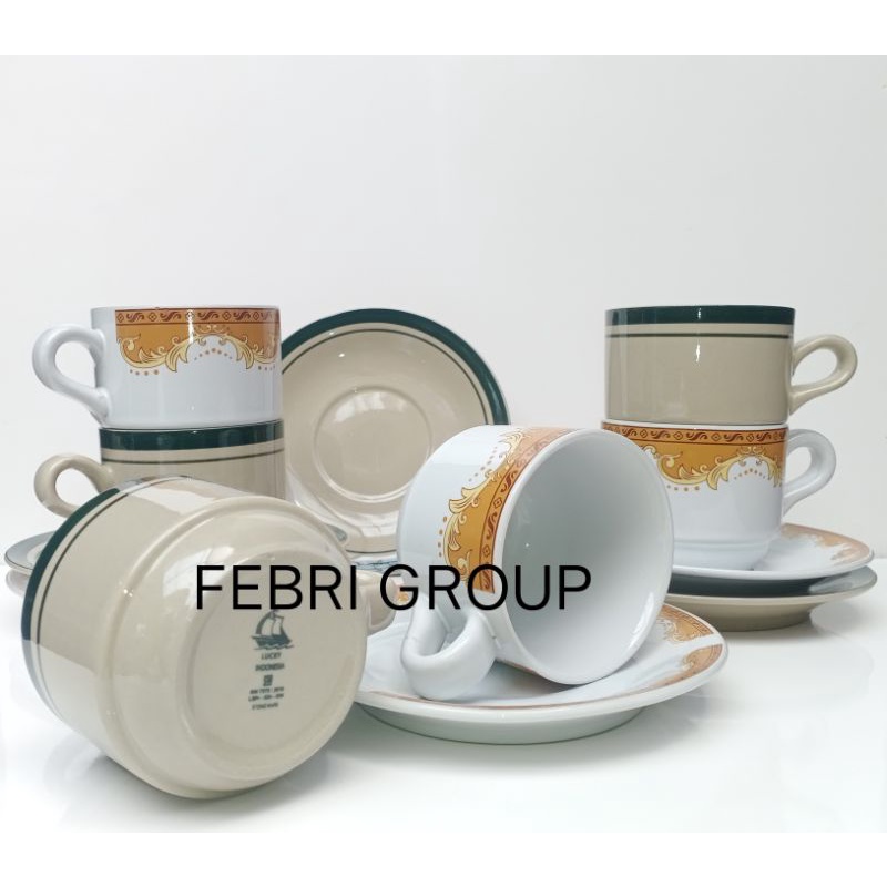 2 LUSIN CAMPUR ...SET GELAS CANTIK MOTIF MAHKOTA DAN LIST ( 24 MUG + 24 TATAKAN ) CANGKIR BAHAN KERA