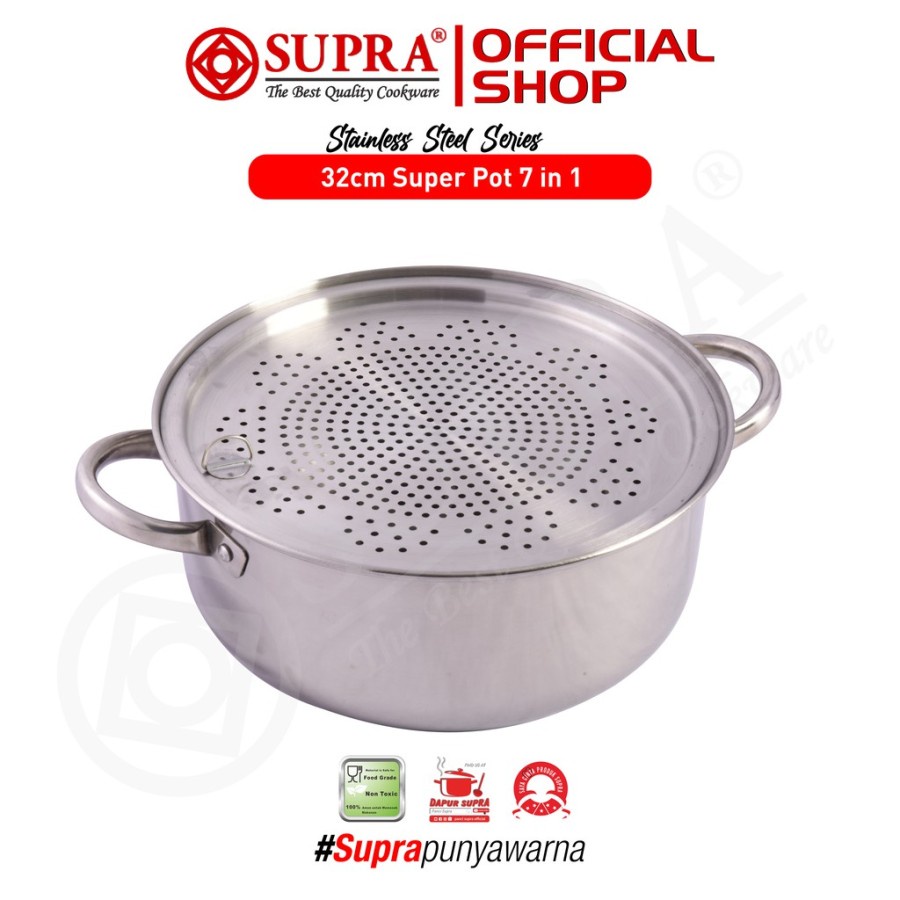 SUPRA Panci Stainless Steel 32 Cm Super Pot 7 in 1 - Panci Kukus Panci Masak Serbaguna