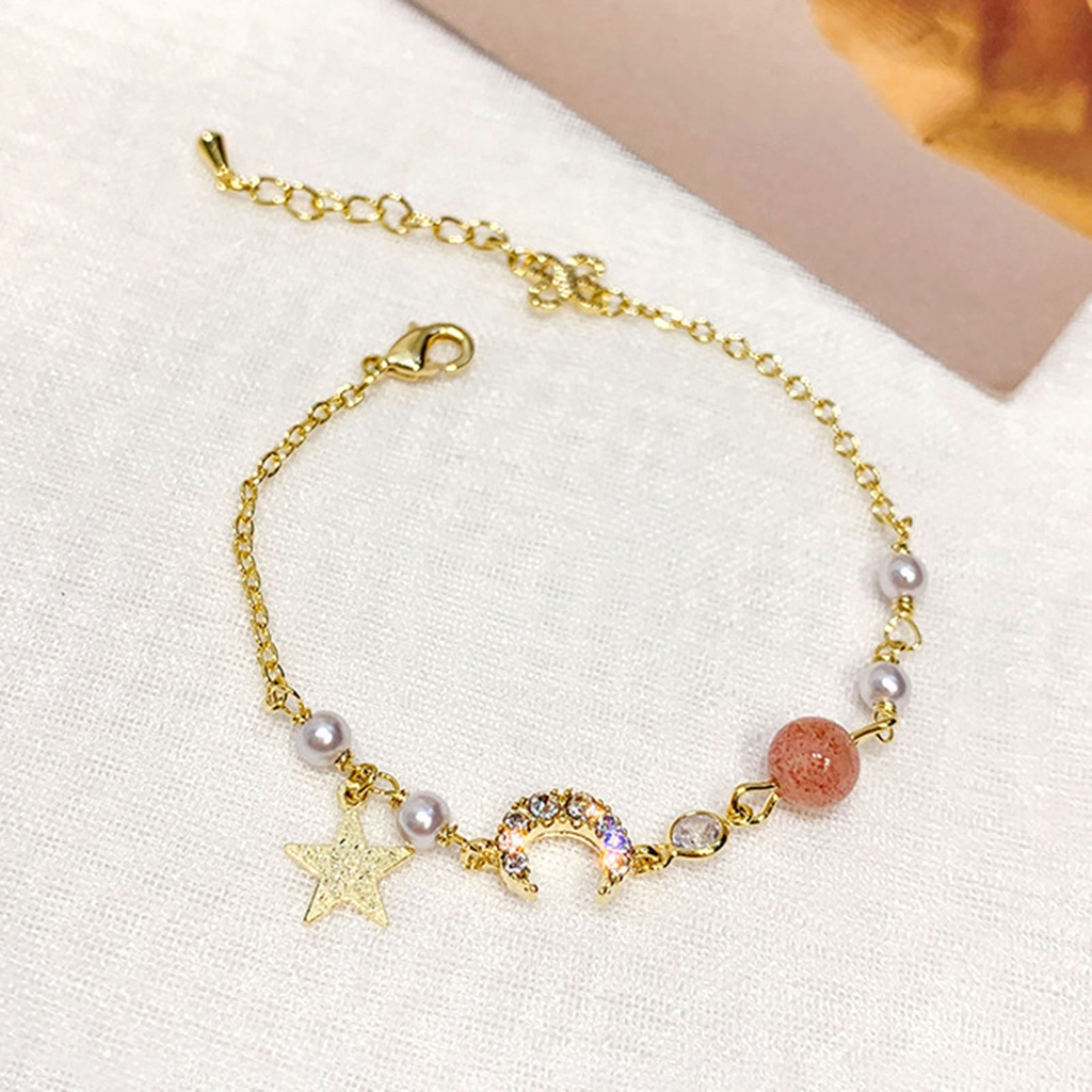 Hu Hu Hu Hu Hu Alat Bantu Pasang Kacamata♡ Gelang Rantai Tipis Adjustable Dengan Charm Bintang + Bulan + Mutiara Imitasi Untuk Pasangan