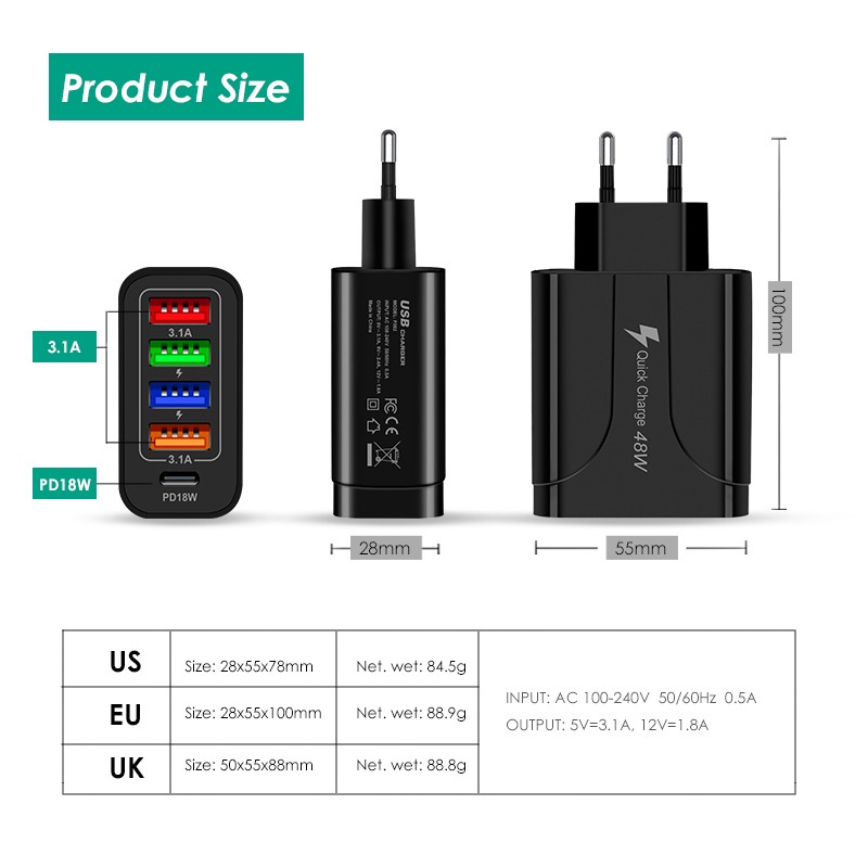 Adapter Power Charger 4 Port USB 48W Fast Charging Plug EU / US / UK Untuk Iphone 14 13 Pro Max