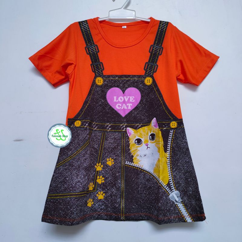 Dress Anak 1 2 3  tahun KUCING cat bear unyu adem Model baru fatonah shop jawa tengah merah kuning pink oren murah ( Dress DENIMA )