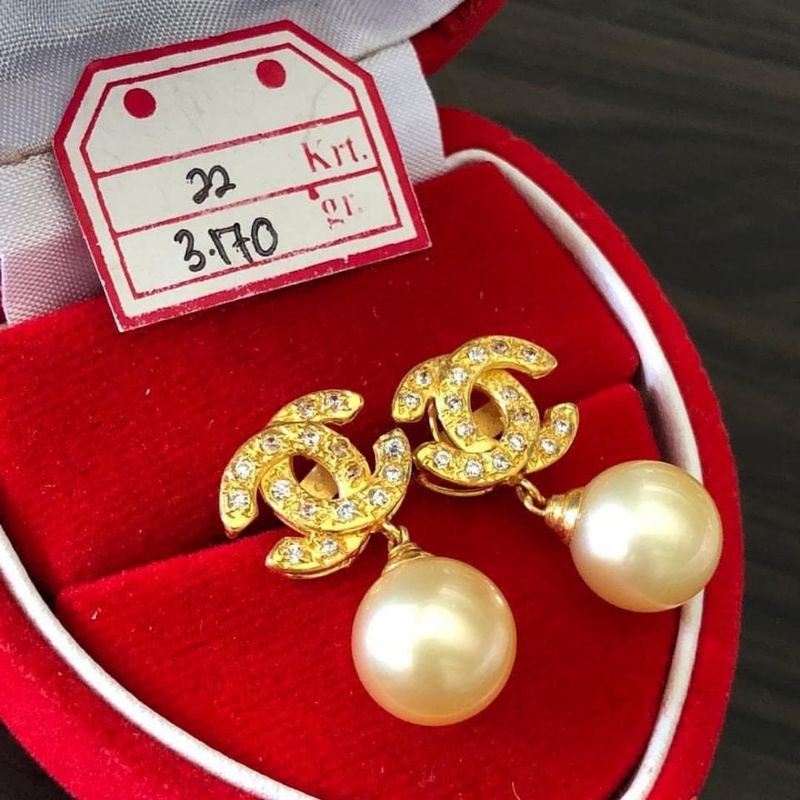 Anting chanel emas 22 karat mutiara laut asli BERSERTIFIKAT|Mutiara lombok|giwang emas 22K terbaru