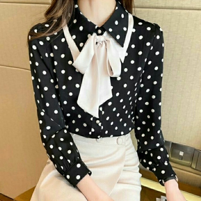 6845 Baju atasan kemeja motif polkadot lengan panjang TIE DYE wanita import baju atasan kemeja blous
