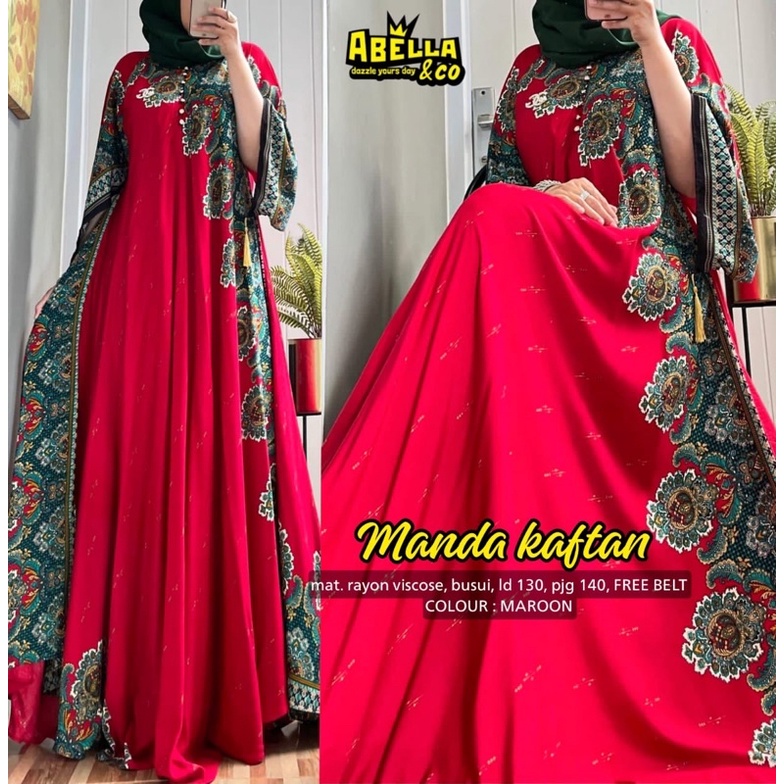 Dress maxi Wanita Muslim Motif Terbaru jumbo busui. Marsel kaftan Manda by Abella-Manda marun