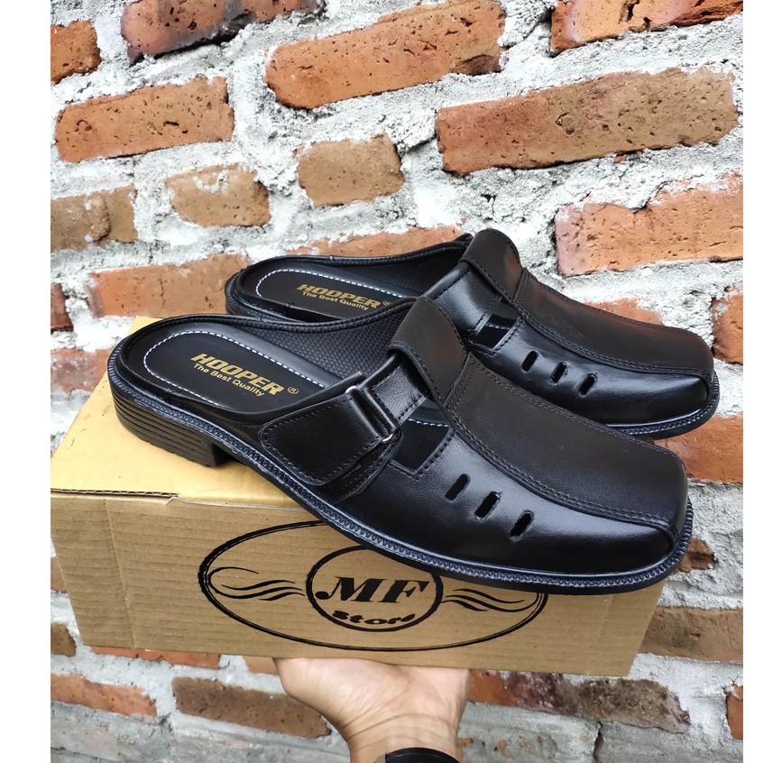 SEPATU SANDAL SLOP PRIA BAHAN KULIT ASLI WARNA HITAM MERK HOOPER