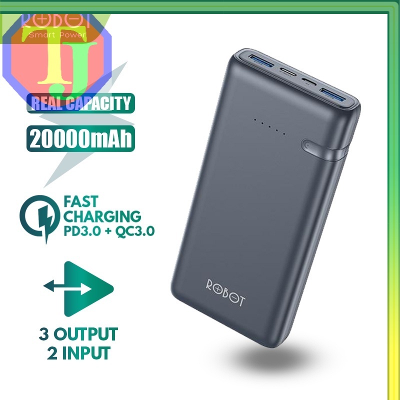 PowerBank ROBOT 20000mah RT21 2.4A Dual Input Port Type C & Micro USB Original Fast Charging Real Ca