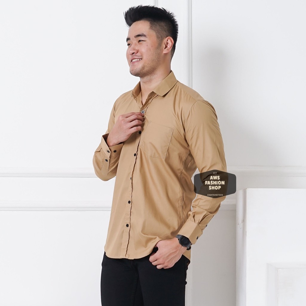 Kemeja Pria Lengan Panjang Polos Khaki Mocca Kemeja Slimfit Kemeja Polos Casual 819 - EightNineTeen