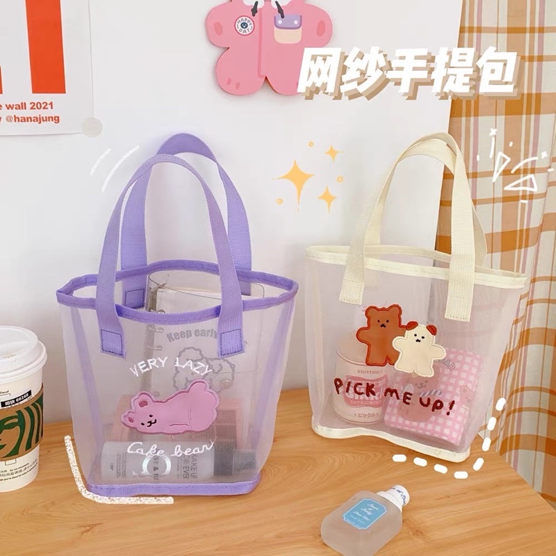 TOTEBAG MIKA WANITA PRIA REMAJA TRANSPARANT KOREA STYLE LUCU MOTIF BERUANG / TOTEBAG TAS PIKNIK MAKANAN MINUMAN AESTHETIC / TOTEBAG TRANSPARANT MOTIF CUTE BEAR