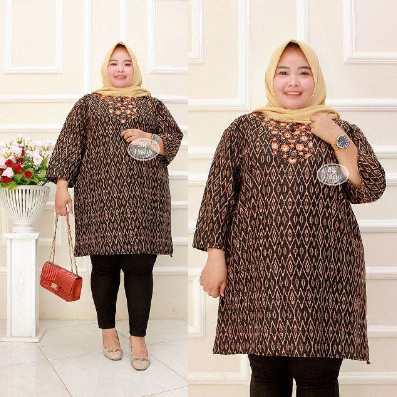 Tunik Batik Wanita Terbaru Ukuran Super Jumbo Big Size LD 140CM FIT 4L 5L 6L ORI Batik Aksara Pekalo zaynbatik-Motif 1