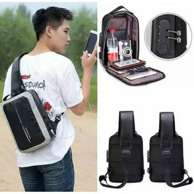 SALE NATAL- SKY6973 TAS SELEMPANG DADA PRIA KULIT -WAISTBAG COWOK-TAS ANTI MALING -TAS USB GEMBOK AN