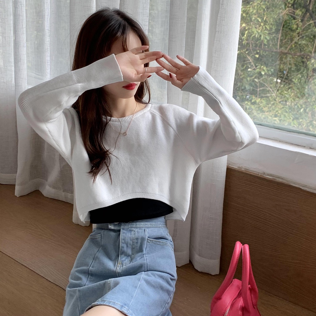 korean sweater crop/croped fashion rajut/atasan kekinian/kemeja rajut lengan panjang