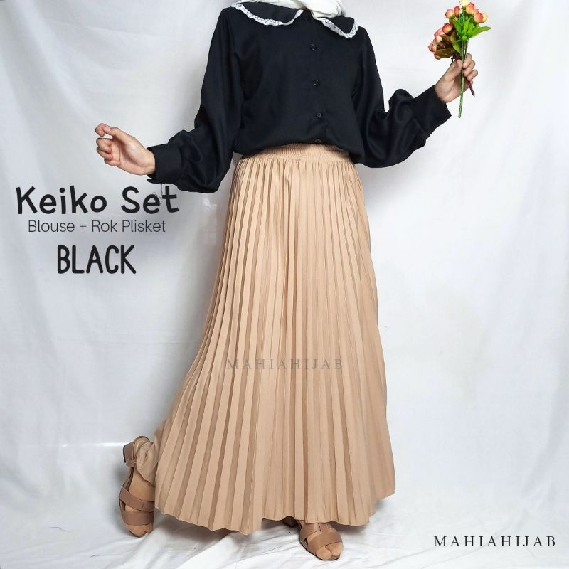 Keiko Set Blouse + Rok plisket KOREAN STYLE , outfit hijab , SETELAN LENGKAP