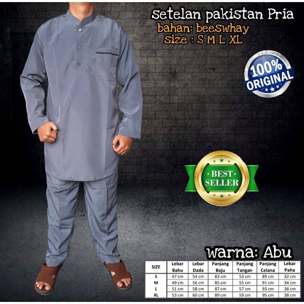 Setelan gamis pria model pakistan polos lengan panjang bahan adem halus tidak mudah kusut lengkap de