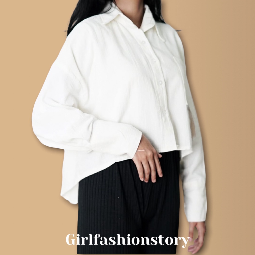 BEFAST - ZFS OOTD Wanita Kemeja Crop RINE / DAVY CRINKLE LINEN SHIRT / Kemeja Crop Wanita Remaja / Fashion Wanita Ala Korean Style / Kem Lengan Panjang / Kemeja Polos Formal / Terlaris