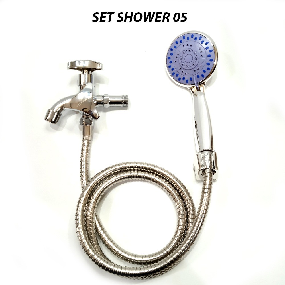 Paket Shower Pancuran Mandi dan Kran Cabang Tembok Segitiga 2 Lubang 1/2” Handle Kuningan Shower Kamar Mandi