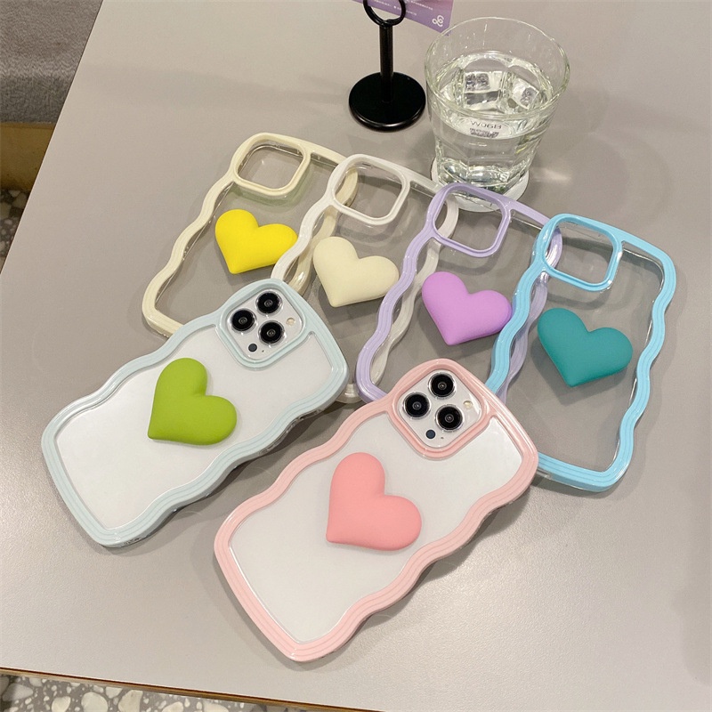 2 IN 1 Case Transparan Motif Hati 3D Warna Macaron Untuk Iphone 7 8 PLUS X XR XS 11 12 13 PRO MAX