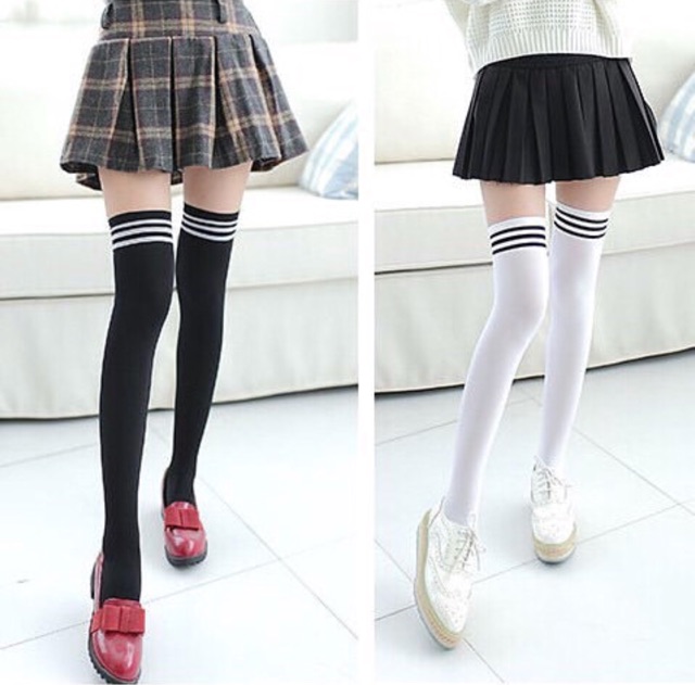 Kaos kaki overknee high knee socks import korea tiga strip stripe hitam cosplay