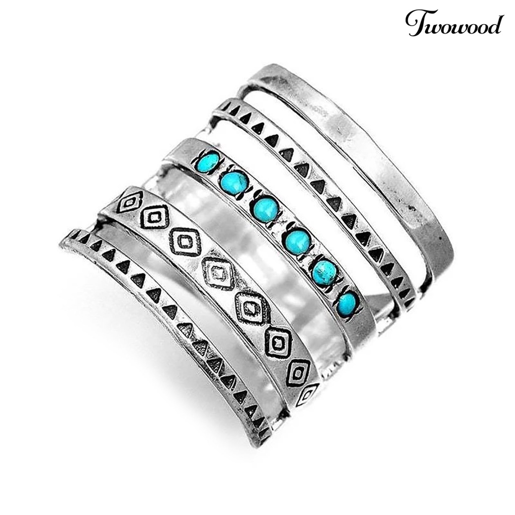 Twowood Multilayer Wide Turquoise Decor Women Ring Symbols Pattern Hollow Bohomia Joint Ring Jewelry Accessaries