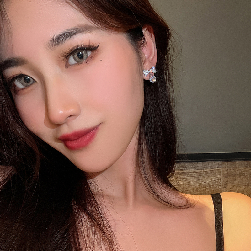 Anting Busur Berlian Tetesan Air Zirkon Berkilau Aksesoris Telinga Korea Wanita