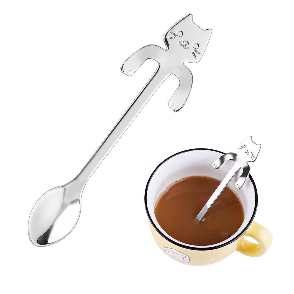 Sendok Teh/Kopi Bentuk Kucing Bahan Stainless Steel 304 Untuk Peralatan Dapur