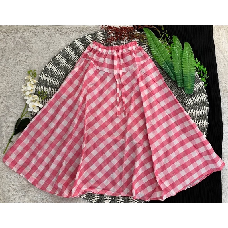 ROK KOTAK KOTAK PANJANG WANITA ROK PAYUNG MAYUNG ROK PANJANG ROK MUSLIMAH MUSLIM DEWASA BAHAN KATUN PINGGANG KARET TALIAN-Pink pastel