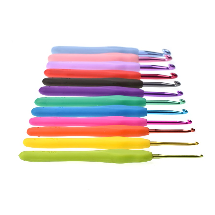 Hakpen Gagang Karet 12 sizes SET ANK / Silicone Handle Aluminium Crochet Hooks - Seri Rainbow