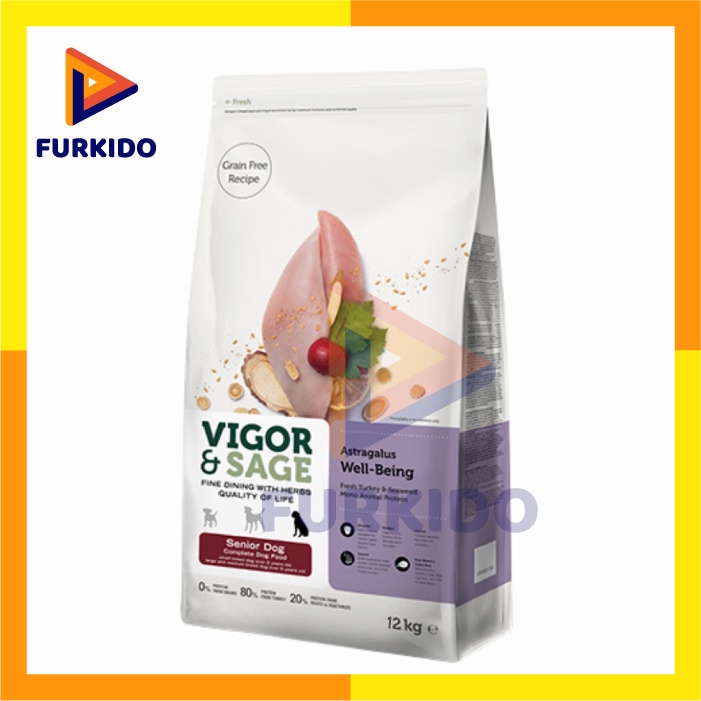 Vigor &amp; Sage Dog Senior Astragalus Well Being Turkey Seaweed 12 Kg