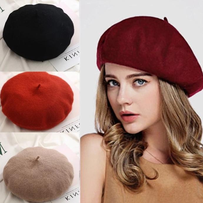 Topi klasik topi baret topi pelukis wanita warna merah asli import