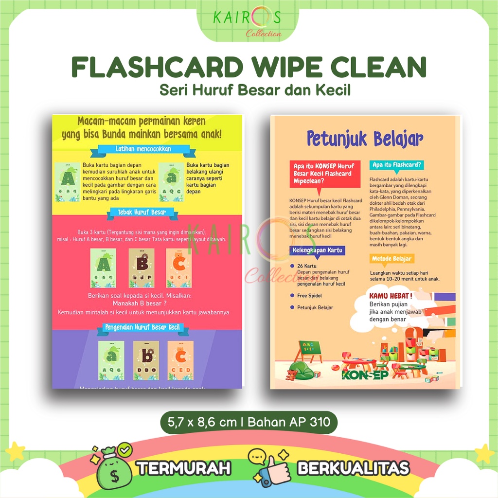 Flashcard Wipe Clean Seri Huruf Besar dan Kecil / Kartu Pintar Belajar Balita Bisa Ditulis Dihapus