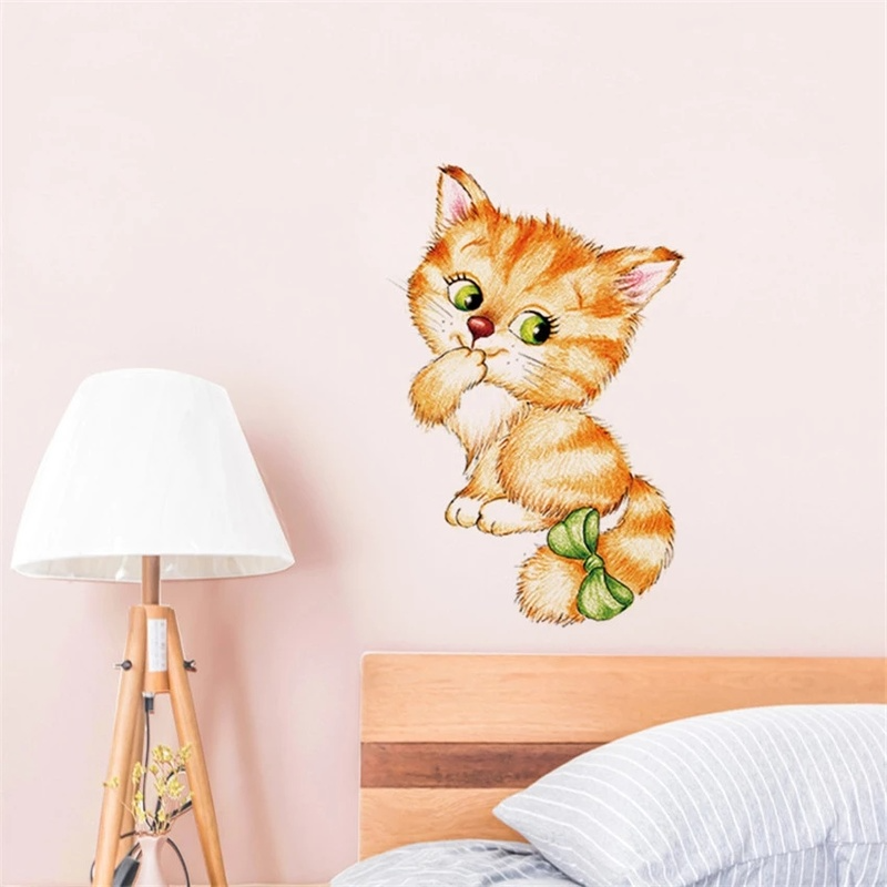 Stiker Dinding Bahan Pvc Motif Kartun Hewan Kucing Untuk Dekorasi Kamar Anak