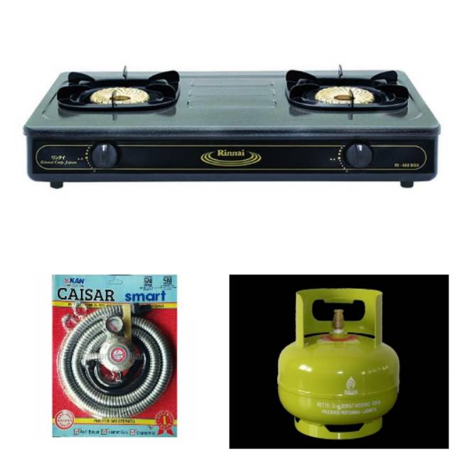 Rinnai Kompor Gas 2 Tungku RI-602 BGX + Selang Regulator Caisar + Tabung Gas Elpiji 3 Kg Dengan Isi