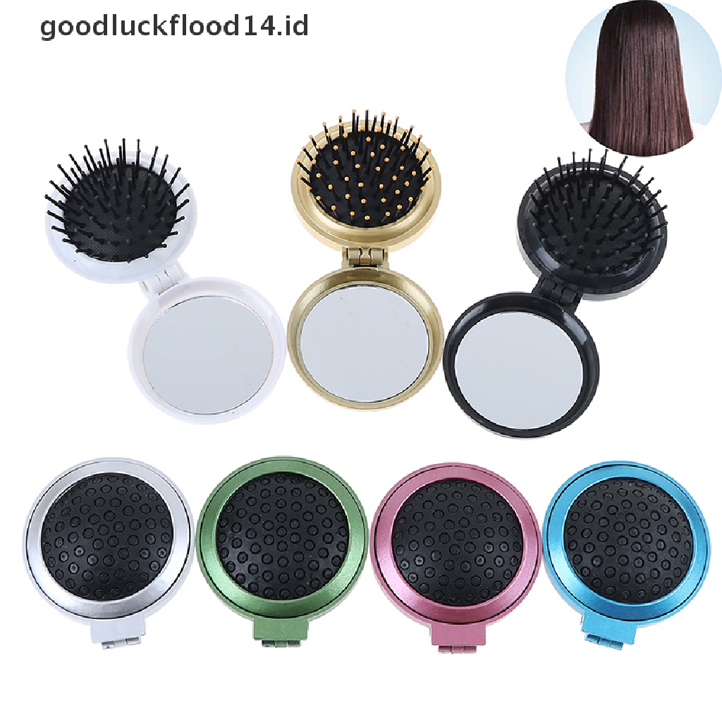 [OOID] Folding massage comb hair brush with mirror compact travel pocket comb ID